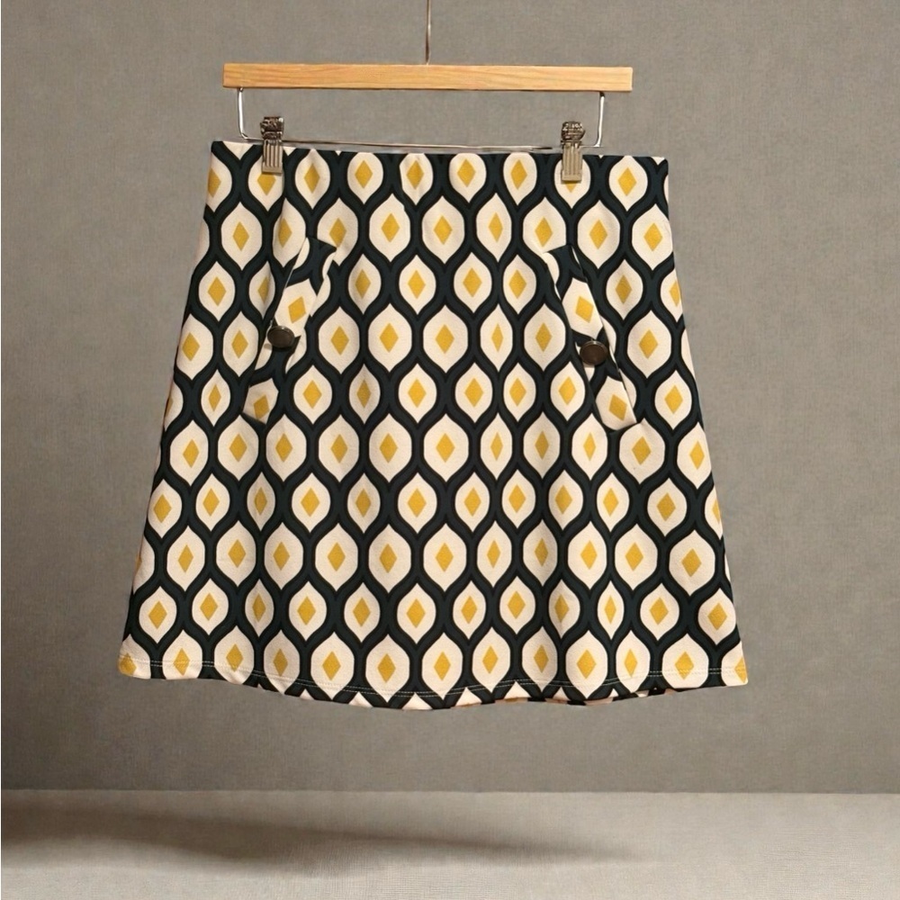 Messini Geometric Mini Skirt A-Line Retro Mod Print Pockets Size S Pockets